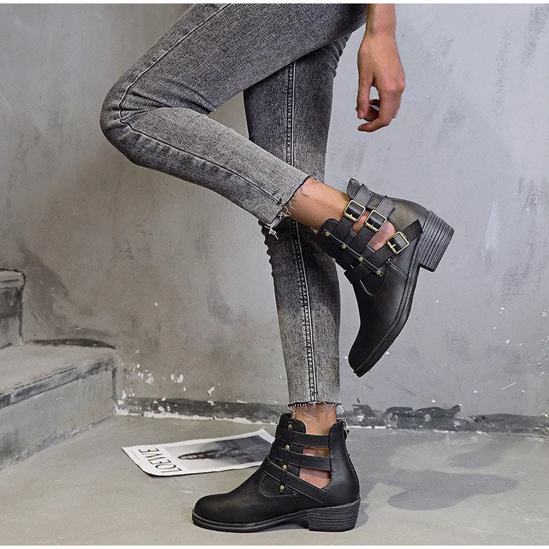Creamtopmall Breathable Square Heels Hollow Out Ankle Boots