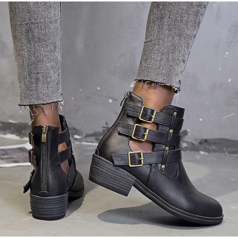 Creamtopmall Breathable Square Heels Hollow Out Ankle Boots