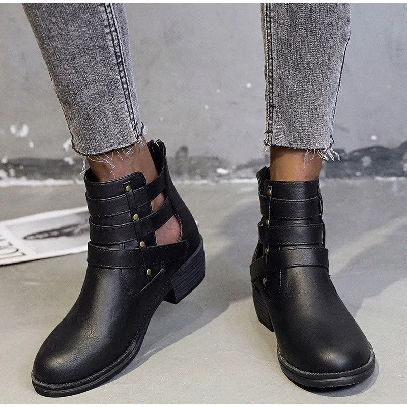 Creamtopmall Breathable Square Heels Hollow Out Ankle Boots
