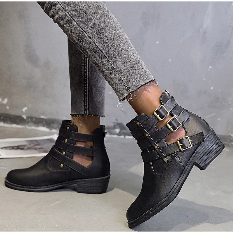 Creamtopmall Breathable Square Heels Hollow Out Ankle Boots