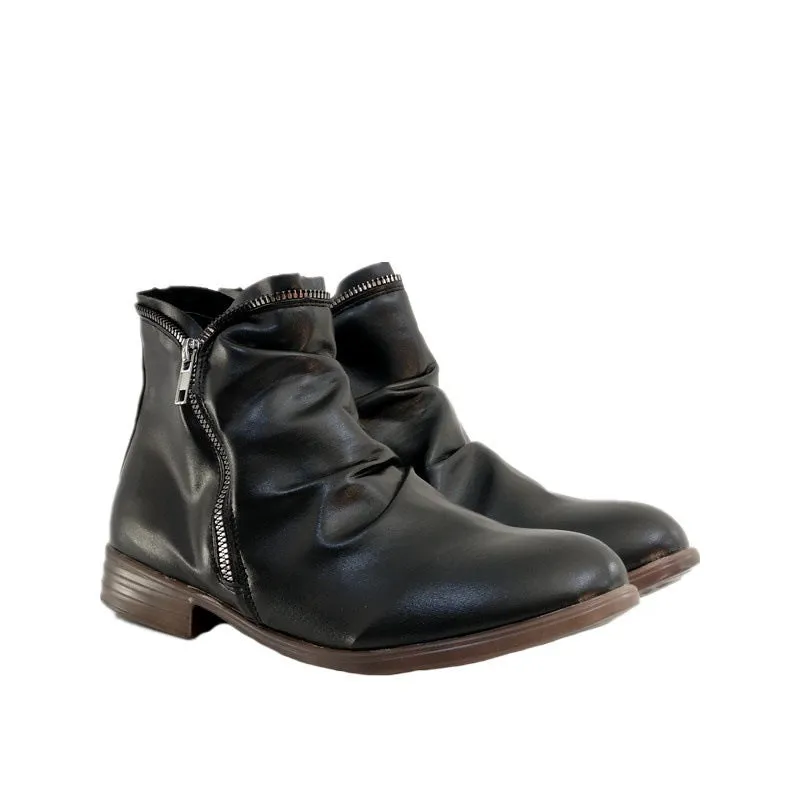 Creamtopmall Double side zip pleated leather ankle boots