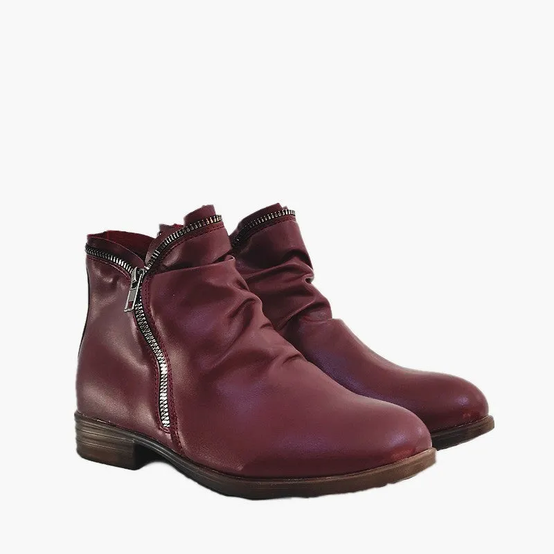 Creamtopmall Double side zip pleated leather ankle boots