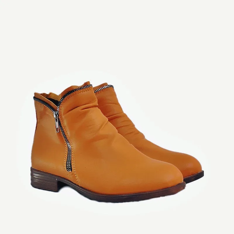 Creamtopmall Double side zip pleated leather ankle boots