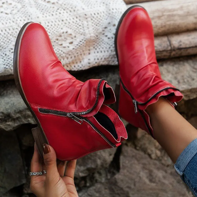 Creamtopmall Double side zip pleated leather ankle boots