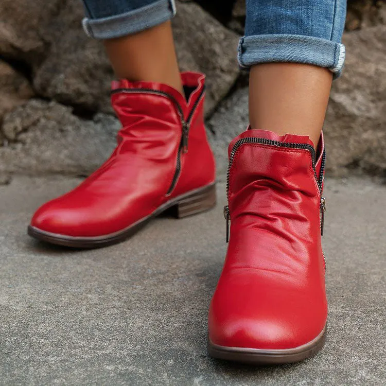 Creamtopmall Double side zip pleated leather ankle boots