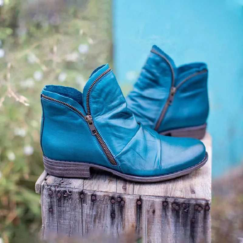 Creamtopmall Double side zip pleated leather ankle boots