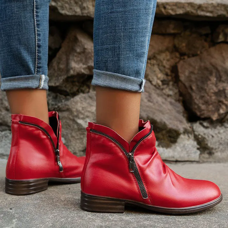 Creamtopmall Double side zip pleated leather ankle boots