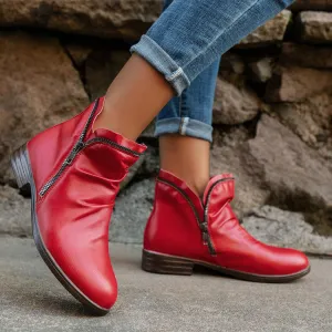 Creamtopmall Double side zip pleated leather ankle boots