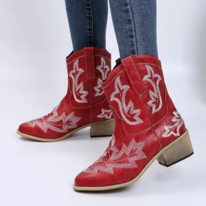 Creamtopmall Embroidered Floral Chunky Heel Martin Boots