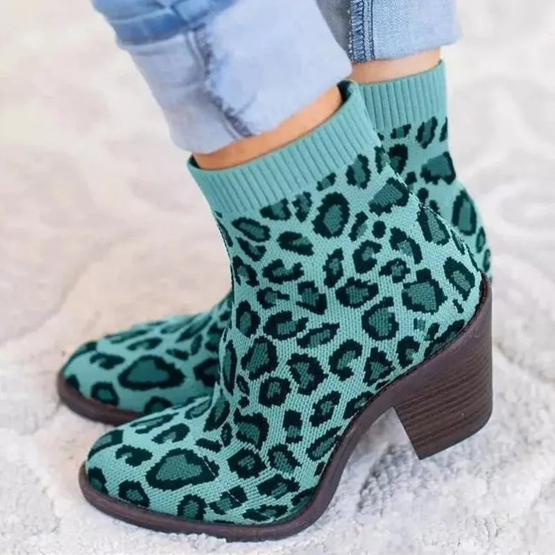 Creamtopmall Leopard Ankle Knitting Sock Boots