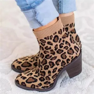Creamtopmall Leopard Ankle Knitting Sock Boots