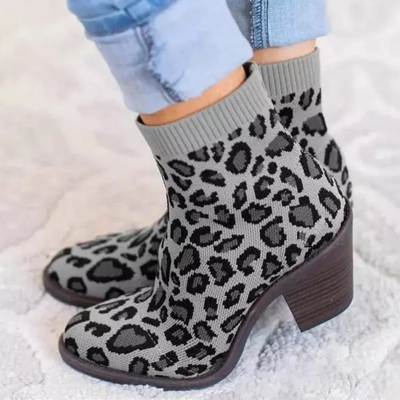 Creamtopmall Leopard Ankle Knitting Sock Boots