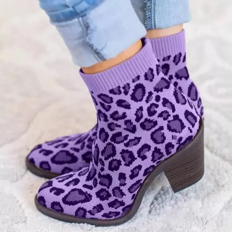 Creamtopmall Leopard Ankle Knitting Sock Boots