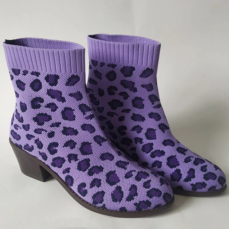 Creamtopmall Leopard Ankle Knitting Sock Boots
