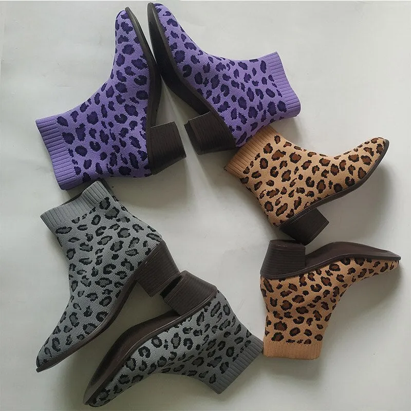 Creamtopmall Leopard Ankle Knitting Sock Boots