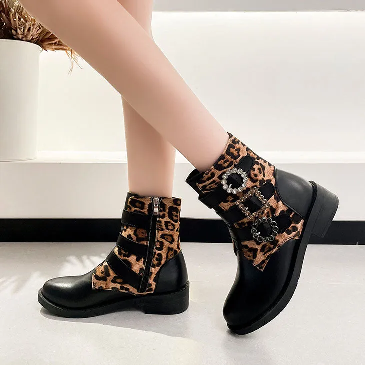 Creamtopmall Leopard Belt Buckle Low Heel Round Toe Booties