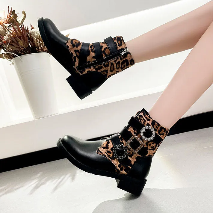 Creamtopmall Leopard Belt Buckle Low Heel Round Toe Booties