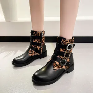 Creamtopmall Leopard Belt Buckle Low Heel Round Toe Booties