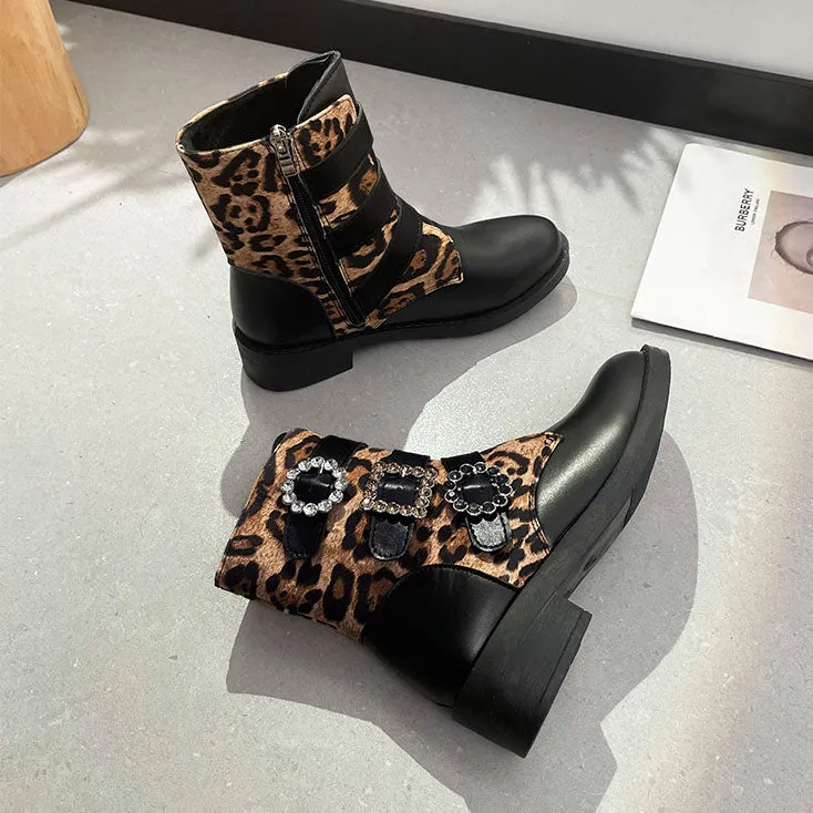 Creamtopmall Leopard Belt Buckle Low Heel Round Toe Booties