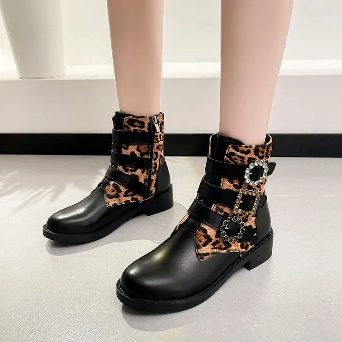 Creamtopmall Leopard Belt Buckle Low Heel Round Toe Booties