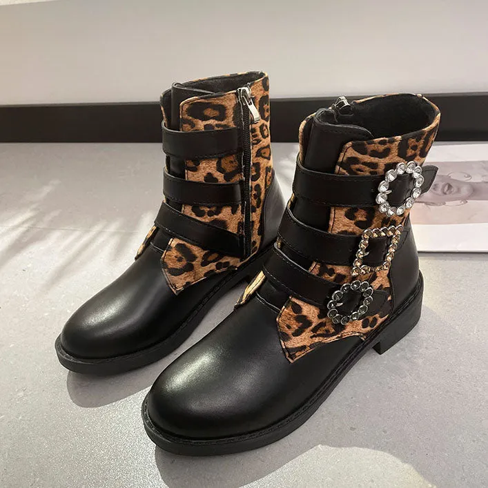 Creamtopmall Leopard Belt Buckle Low Heel Round Toe Booties