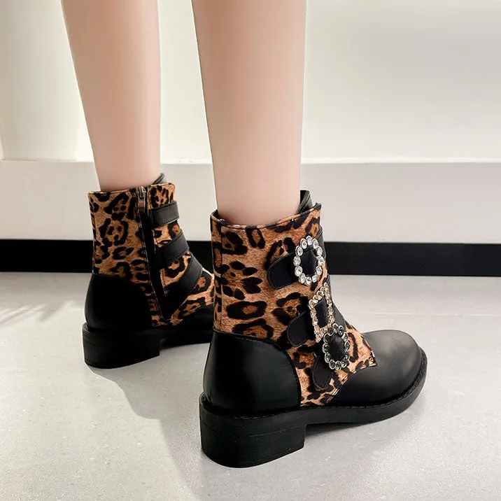 Creamtopmall Leopard Belt Buckle Low Heel Round Toe Booties