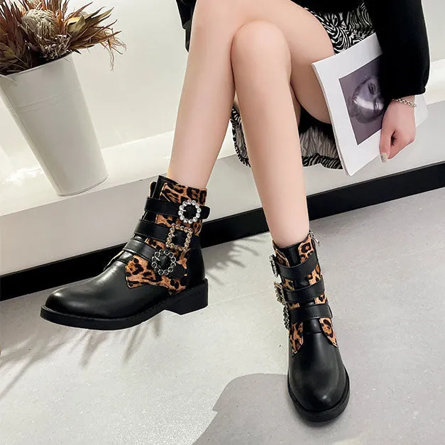 Creamtopmall Leopard Belt Buckle Low Heel Round Toe Booties
