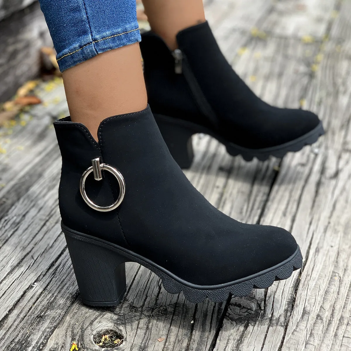 Creamtopmall Side ring zipper black short rider boots
