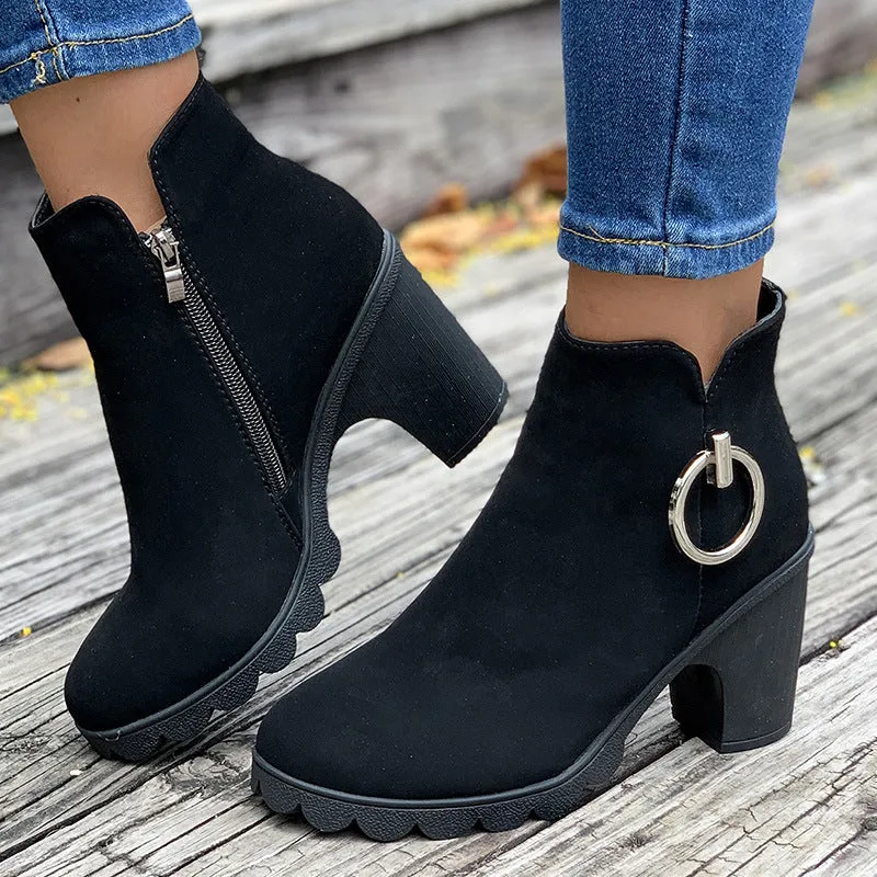 Creamtopmall Side ring zipper black short rider boots