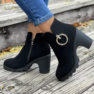 Creamtopmall Side ring zipper black short rider boots