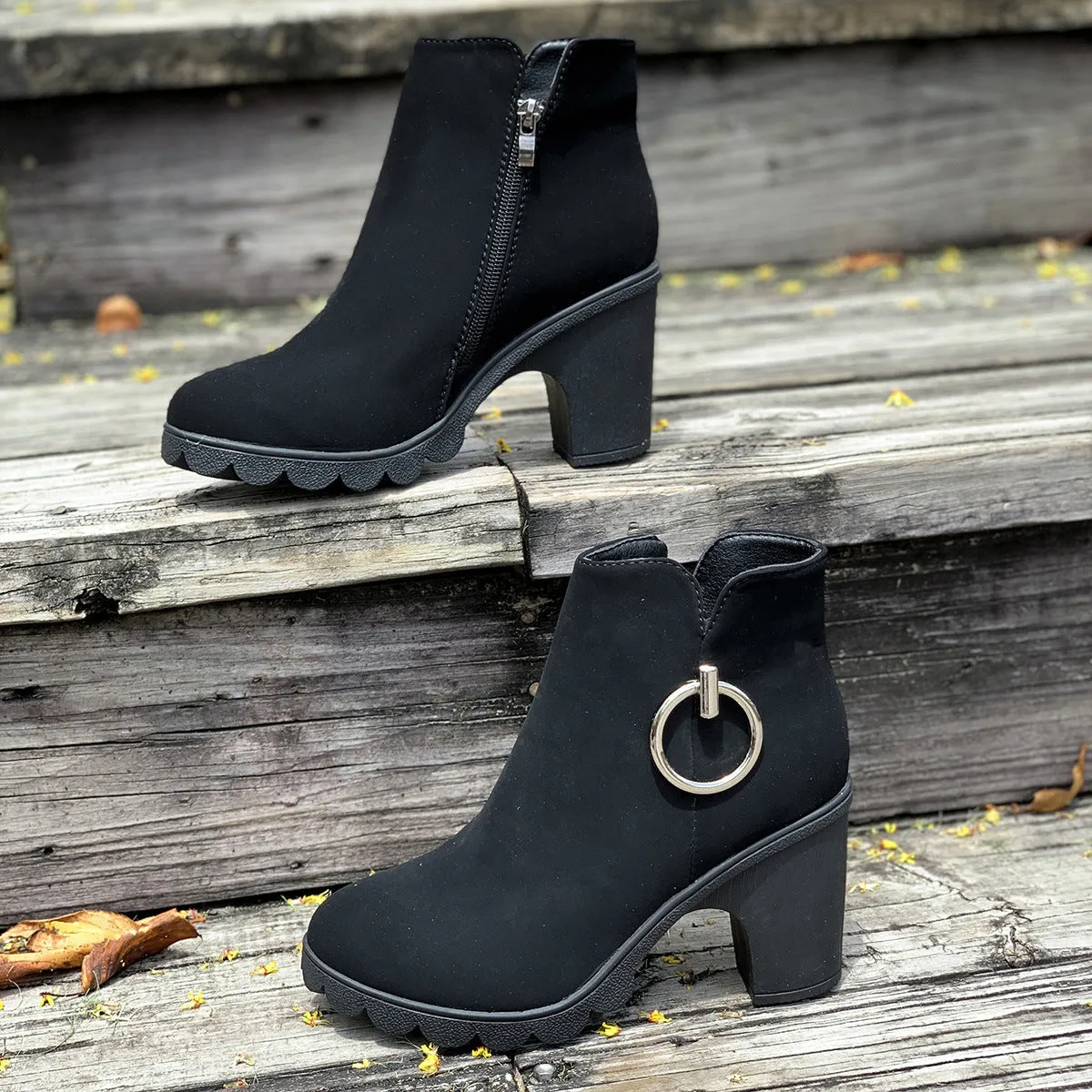 Creamtopmall Side ring zipper black short rider boots