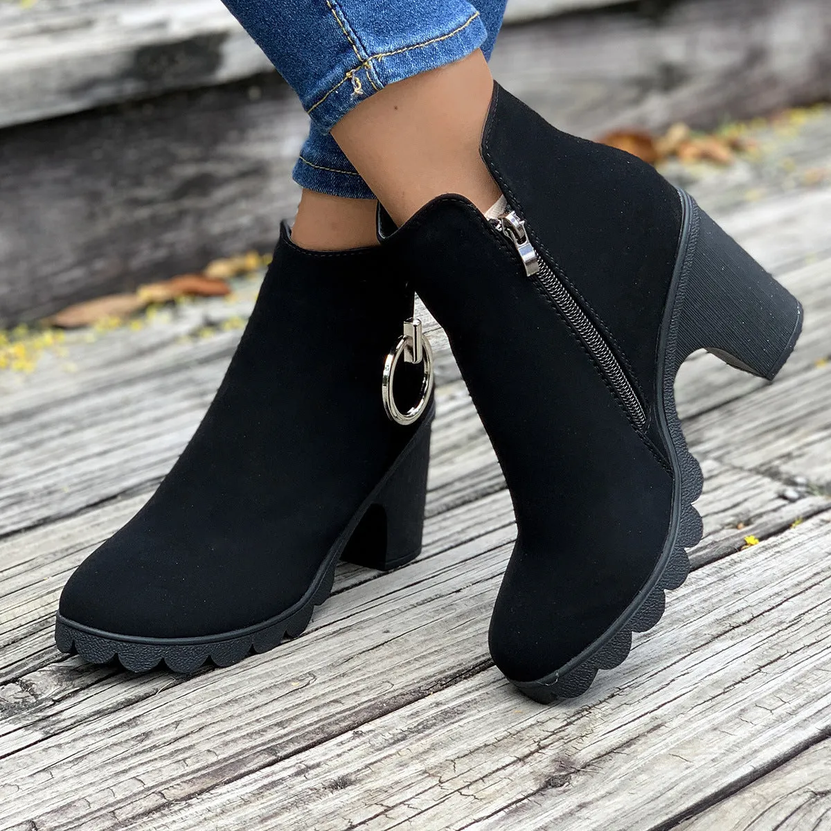 Creamtopmall Side ring zipper black short rider boots