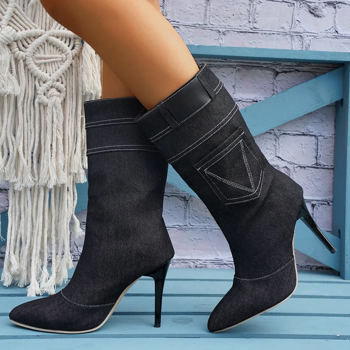 Creamtopmall Stiletto High Heel Denim Rider Boots