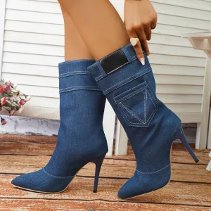 Creamtopmall Stiletto High Heel Denim Rider Boots