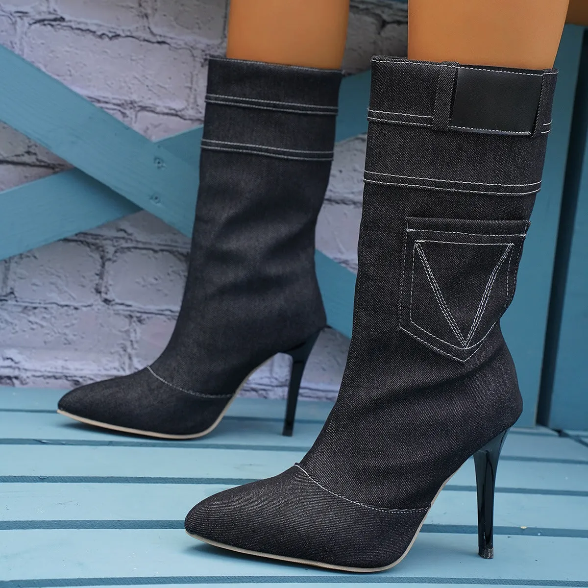 Creamtopmall Stiletto High Heel Denim Rider Boots