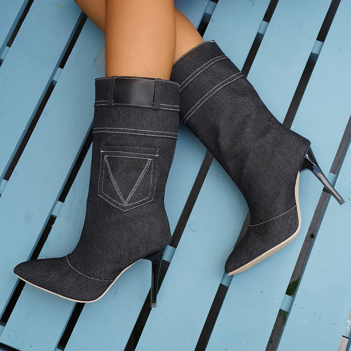 Creamtopmall Stiletto High Heel Denim Rider Boots