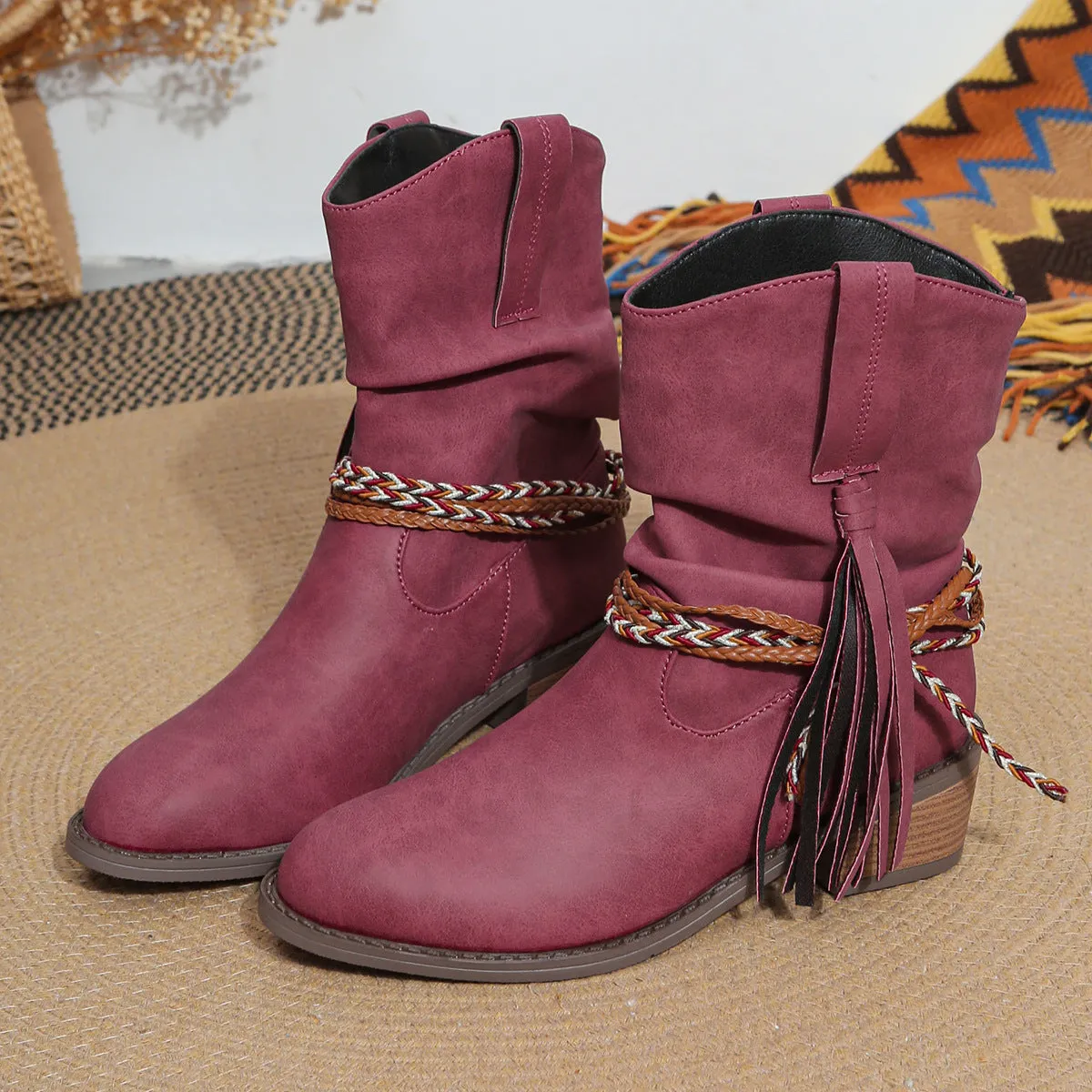 Creamtopmall Thick mid heel pleated tassel mid calf boots
