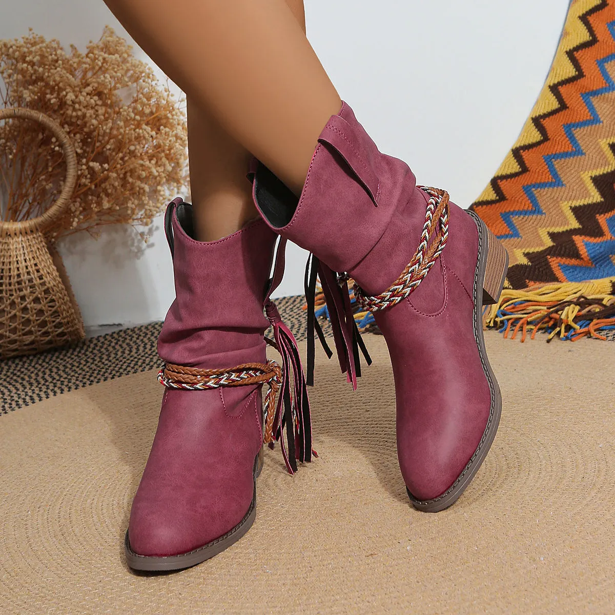 Creamtopmall Thick mid heel pleated tassel mid calf boots