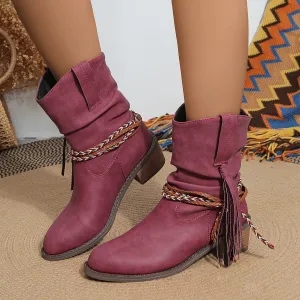 Creamtopmall Thick mid heel pleated tassel mid calf boots