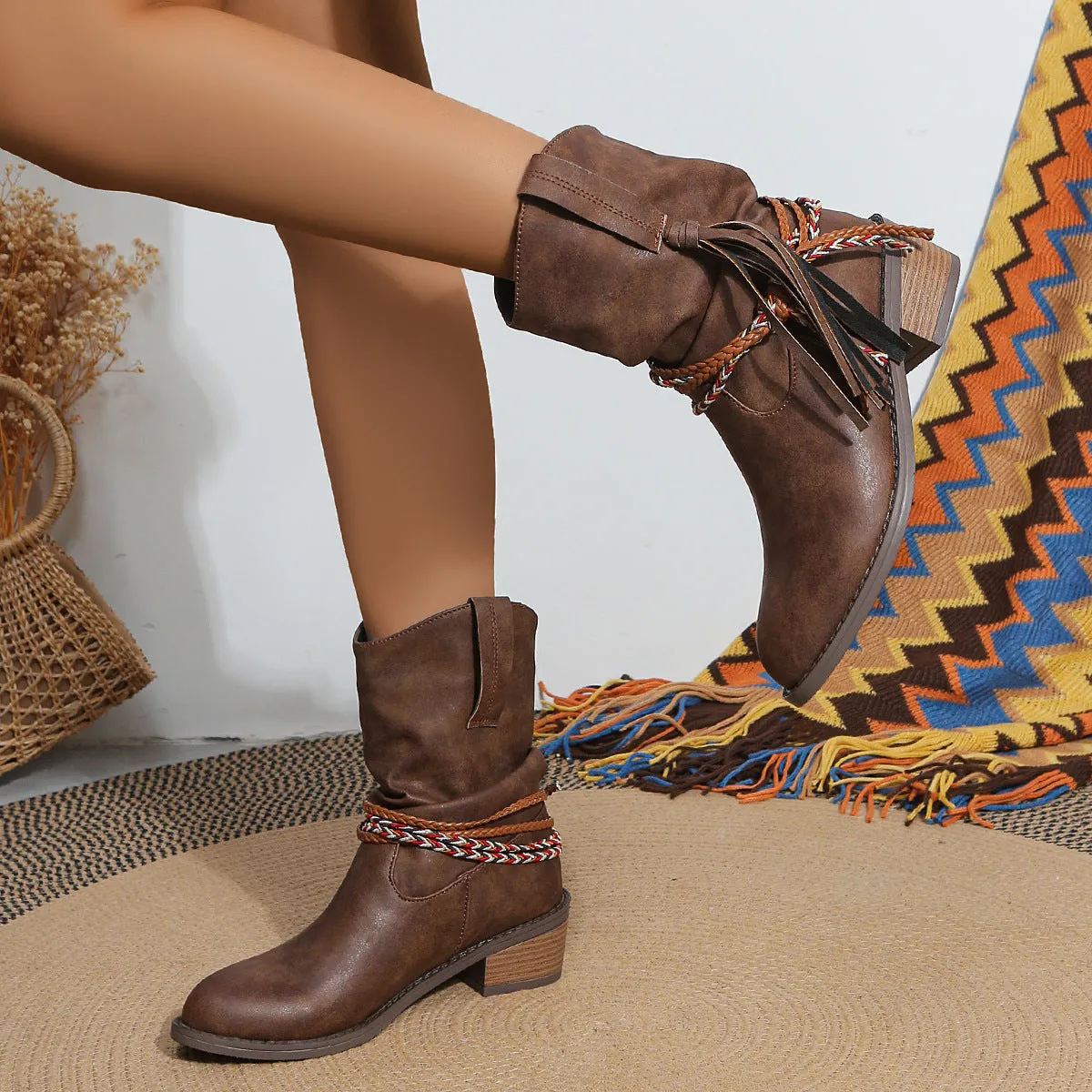 Creamtopmall Thick mid heel pleated tassel mid calf boots