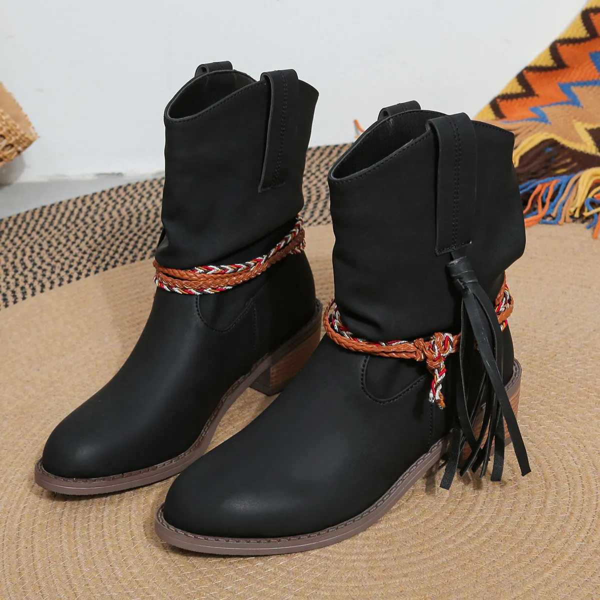 Creamtopmall Thick mid heel pleated tassel mid calf boots