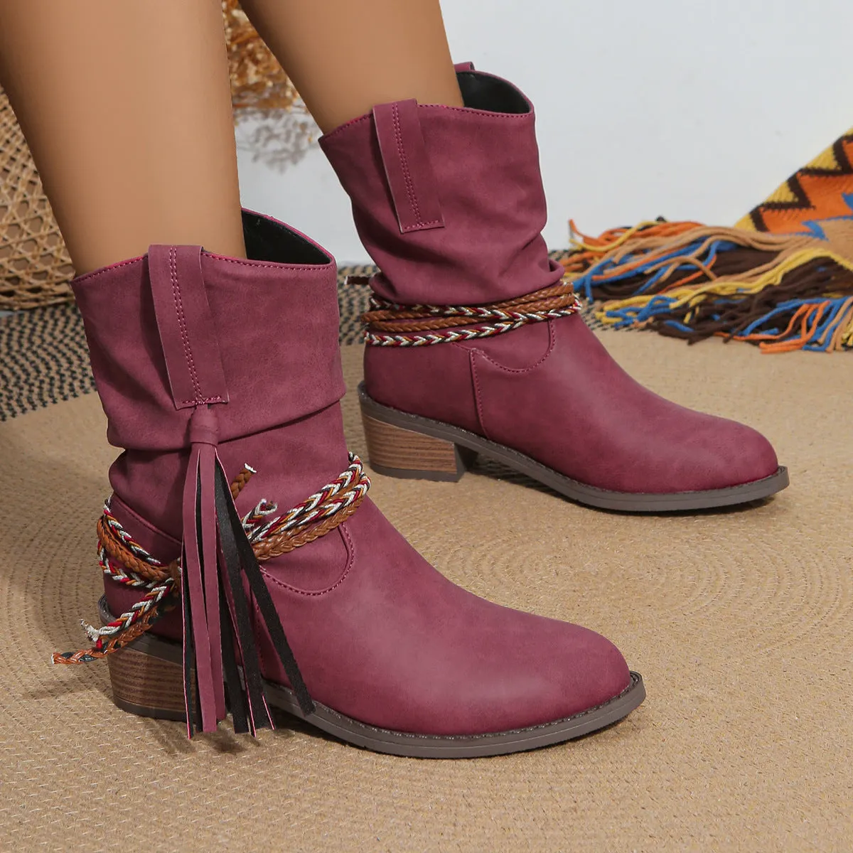 Creamtopmall Thick mid heel pleated tassel mid calf boots