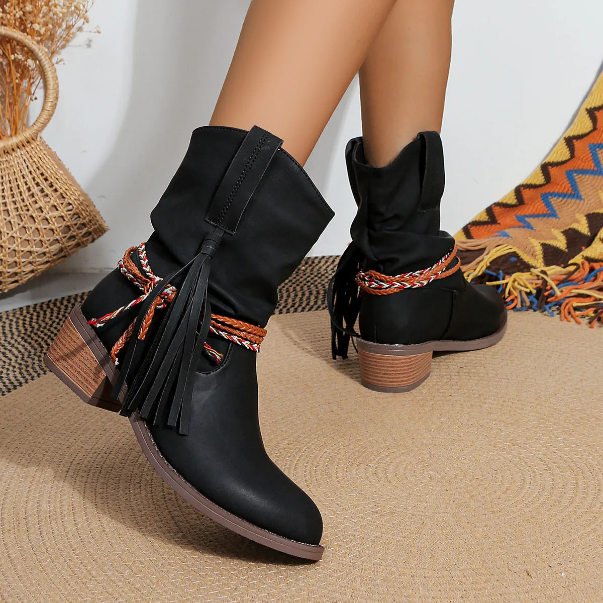 Creamtopmall Thick mid heel pleated tassel mid calf boots