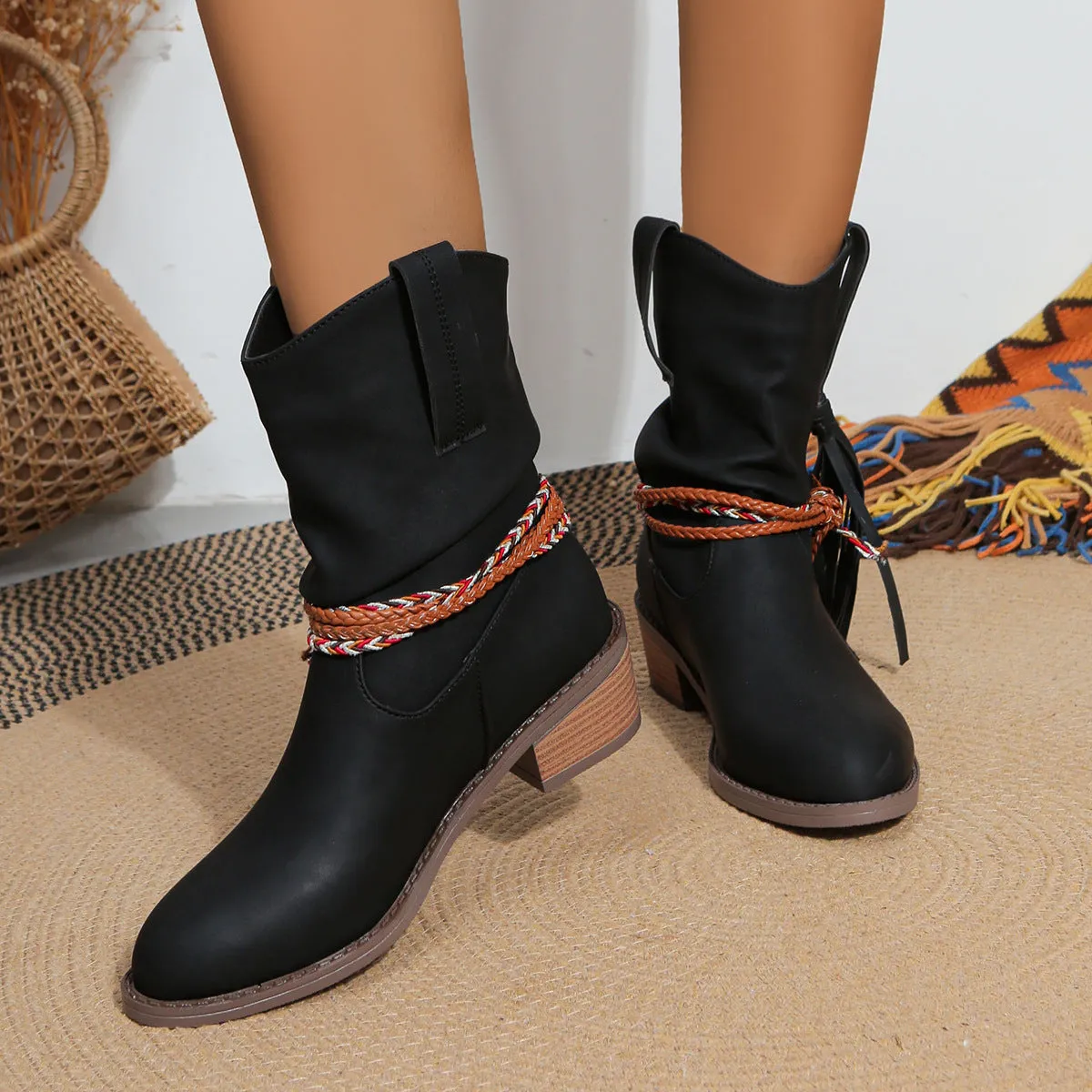 Creamtopmall Thick mid heel pleated tassel mid calf boots