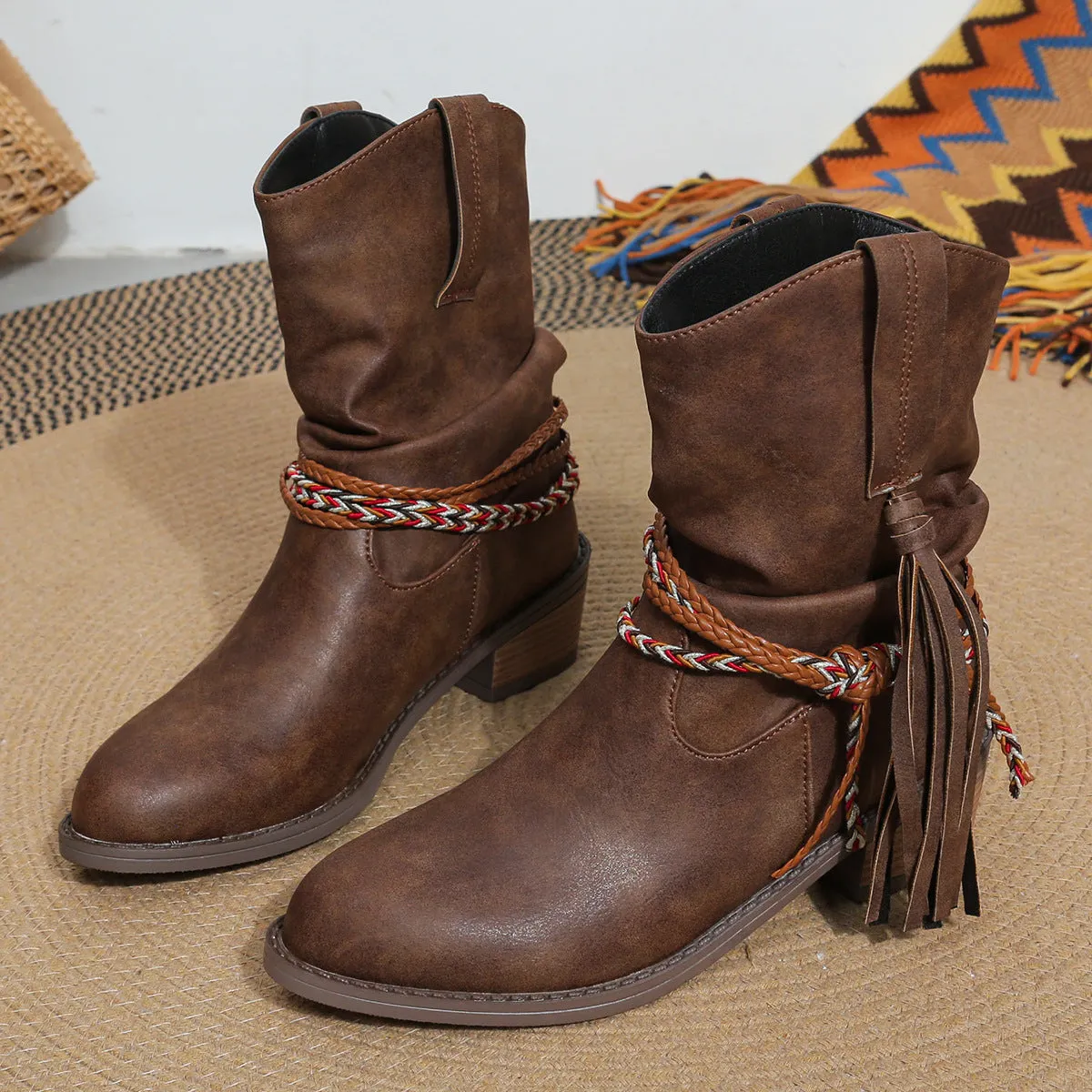 Creamtopmall Thick mid heel pleated tassel mid calf boots