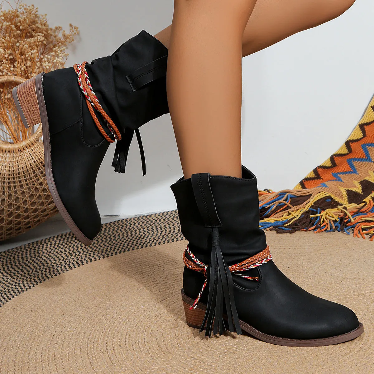 Creamtopmall Thick mid heel pleated tassel mid calf boots