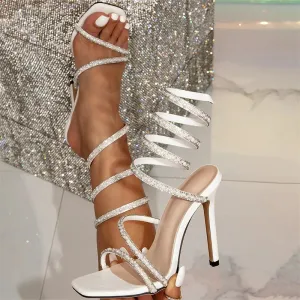 Crystal Ankle Strap White High Heels Sandals for Women