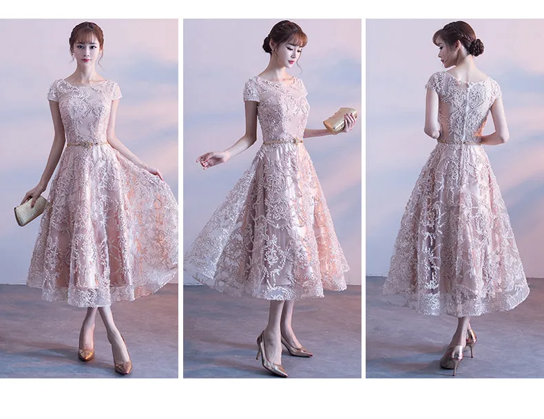 Cute Cap Sleeves Lace Tea Length Bridesmaid Dress, Lovely Bridesmaid Dress
