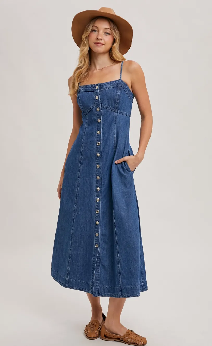 D02257 Button Down Sleeveless denim midi dress