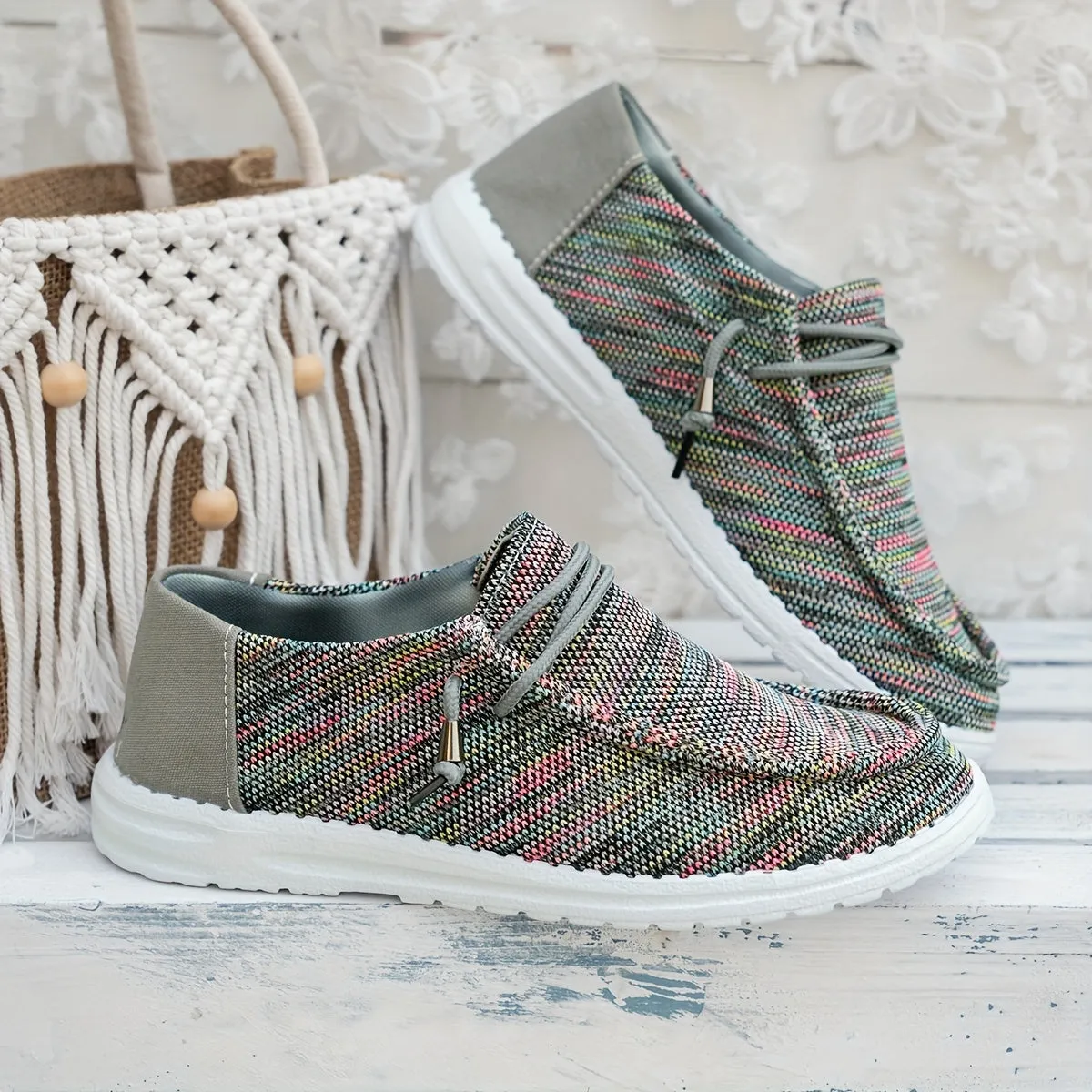 Dames slip-on loafers-gestreepte canvas sneakers, licht en comfortabel